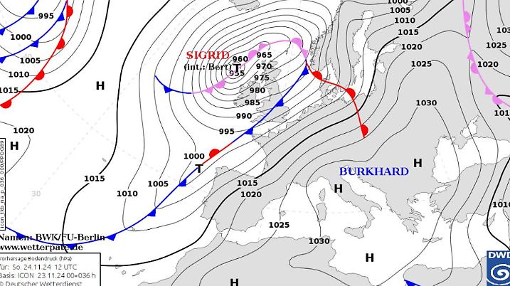 Die Grafik zeigt die Bodendruckkarte am Montag, 25.11.2024