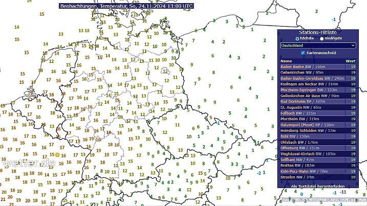 Die Karte zeigt Temperaturwerte in Deutschland an, dabei zeigt das Ranking an vielen Orten über 19 Grad.