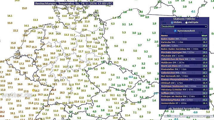 Die Karte zeigt Temperaturwerte in Deutschland an, dabei über 20 Grad.