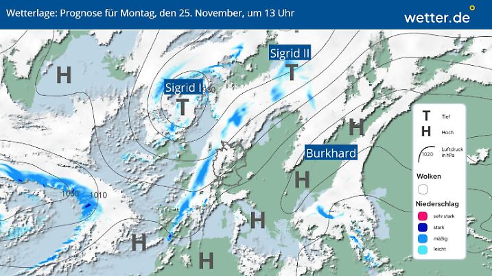 Die Grafik zeigt die Wetterlage am Montag, 13 Uhr
