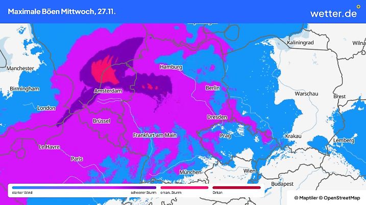 Die Grafik zeigt die maximalen Windböen am Mittwoch, 27.11.2024