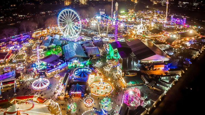 Aerial view of Christmas funfair in Hyde park, London