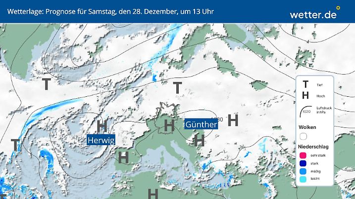 Die Karte zeigt die Großwetterlage über Europa für Samstag, den 28.12.