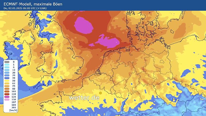 Maximale Böen ECMWF-Modelllauf von Samstagmorgen für Donnerstagmorgen