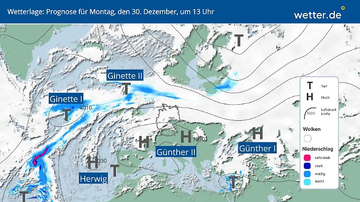 Die Wetterkarte von Deutschland zeigt: Hoch Günther verliert langsam über Deutschland seinen Einfluss und eine ungemütliche Wetterlage stellt sich ein.