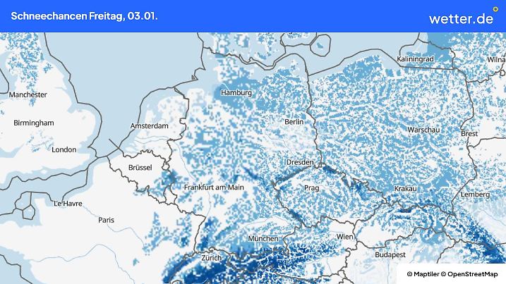 Die Wetterkarte zeigt die heutigen Schneechancen für Deutschland. Dabei ist fast überall die Chance relatuv hoch.