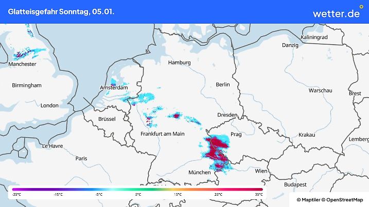 Die markierten Stellen zeigen die Orte in Deutschland, wo aktuell zwischen 12 und 13 Uhr die größte Gefahr für die Bildung von Glatteis besteht.