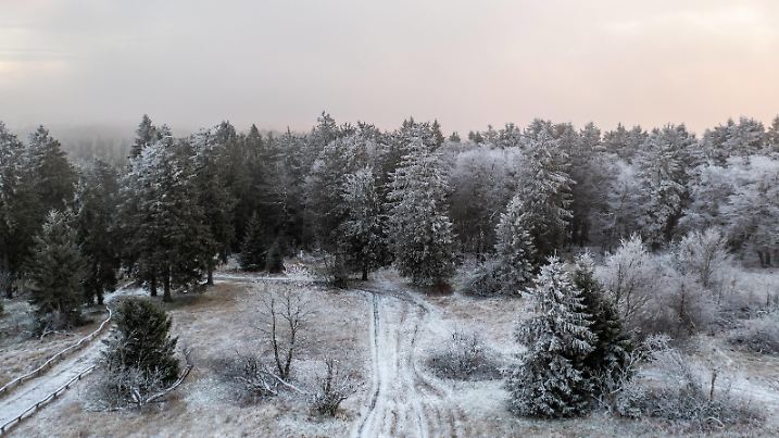 Wintermorgen im Taunus Bei Sonnenaufgang zeigt sich der Gipfel des Großen Feldbergs im Taunus winterlich mit Reif und etwas Schnee., Schmitten Hessen Deutschland *** Winter morning in the Taunus At sunrise, the summit of the Großer Feldberg in the Taunus looks wintry with frost and a little snow , Schmitten Hessen Germany