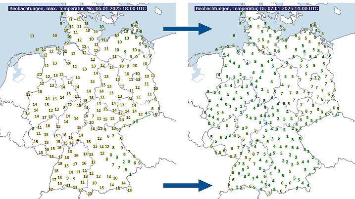 Heftiger Temperatursturz durch Sturm Bernd: Gestern bis zu 9 Grad, heute Nachmittag oft 10 Grad weniger.