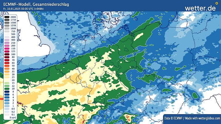 Niederschlagsmengen des europäischen Wettermodells bis einschließlich Donnerstag: Im Einzugsbereich von Rhein und Mosel fällt am meisten.