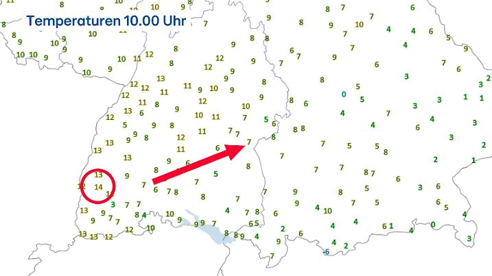 Temperaturen um 10.00 Uhr: Im Südwesten bis zu 14 Grad.