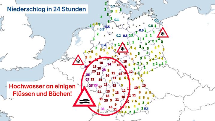 Bis knapp 40 Liter Niederschlag um Südwesten lassen Hochwassergefahr ansteigen.