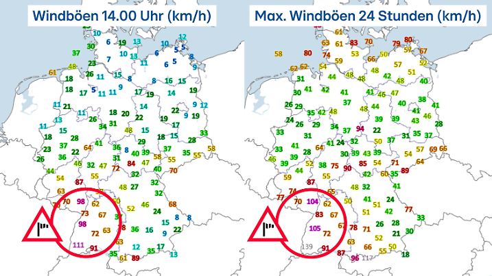 Windböen: Links um 14.00 Uhr, rechts maximale Böen der letzten 24 Stunden.