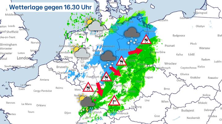 Wetterlage gegen 16.30 Uhr: Die Kaltluft samt Schnee und Glätte arbeitet sich voran!