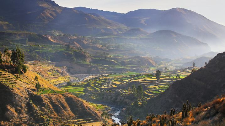 View of Colca Canyon with morning fog in Peru. It is one of the deepest canyons in the world with a depth of 3,270 meters.