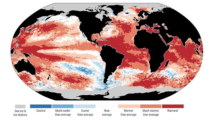 Die Abbildung zeigt, wo sich die Ozeane erhitzt haben. Je dunkelroter die Farbe, desto größer ist die Erwärmung.