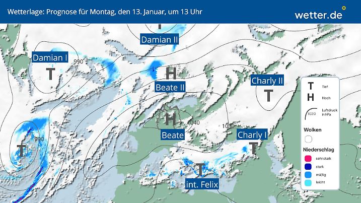Die Wetterlage zeigt: Der Montag wird nochmal frostig, anschließend kämpft sich Hoch Beate voran.