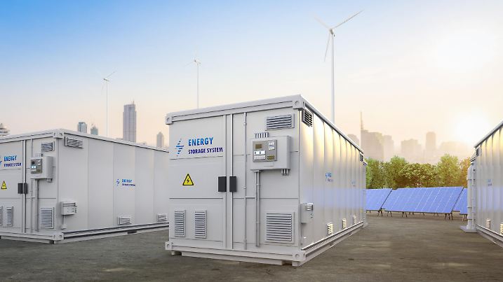 3d rendering amount of energy storage systems or battery container units with solar and turbine farm