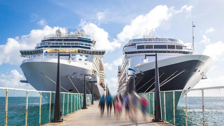 Cruise passengers returning to ship in port with motion blur effect. Concept of travel and dynamic movement, capturing the excitement of cruise vacationers