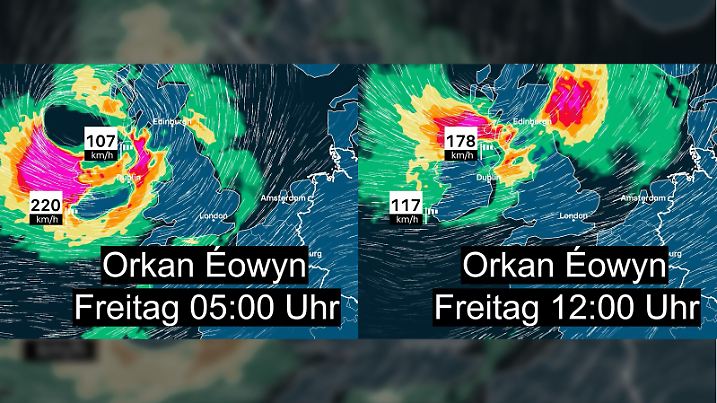 Welch ein Biest! Mit rund 200 km/h, eventuell sogar mehr, erreicht der Orkan erst Irland, danach Großbritannien.