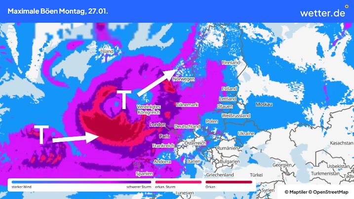 Ein Sturm nach dem anderen: Montag in Westeuropa, über dem Atlantik schon der nächste mimt Zugrichtung Europa.