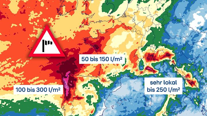 Unwettergefahr durch Starkregen: An den Westküsten Europas und des Mittelmeers kann regional bis zur Wochenmitte einiges runterkommen.