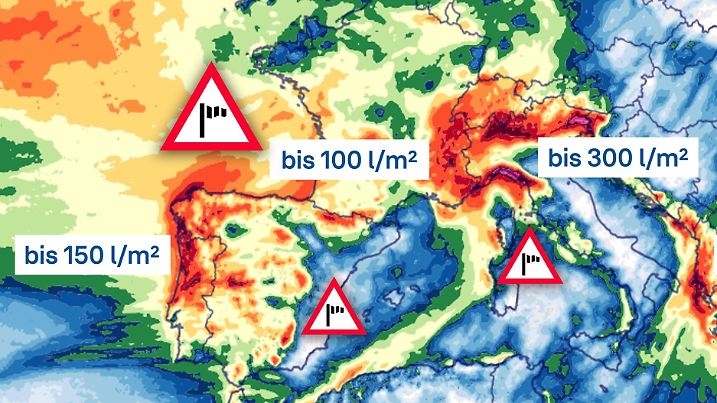 Niederschlagssummen bis Donnerstagabend bis 300 Liter. Da kommt schon wieder einiges zusammen - besonders in Norditalien!