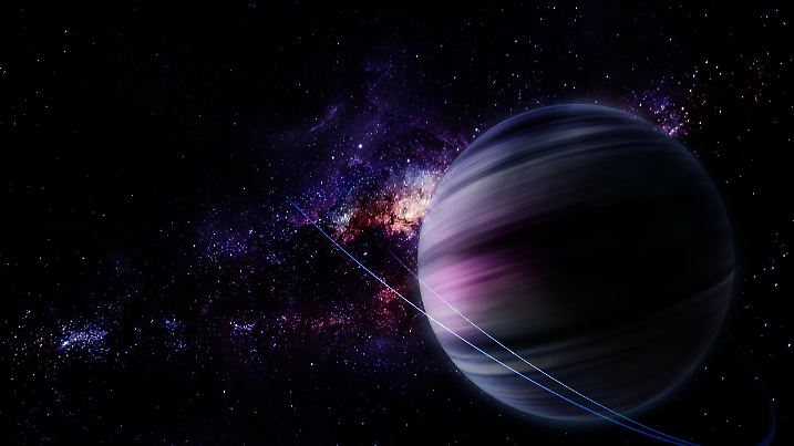 abstract space 3D illustration, 3d image, 3d rendering, background image, a bright planet in space in a nebula and the shining of stars in purple dark tones