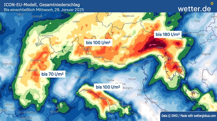 Niederschlagssummen südlicher Alpenraum bis einschließlich Mittwoch.