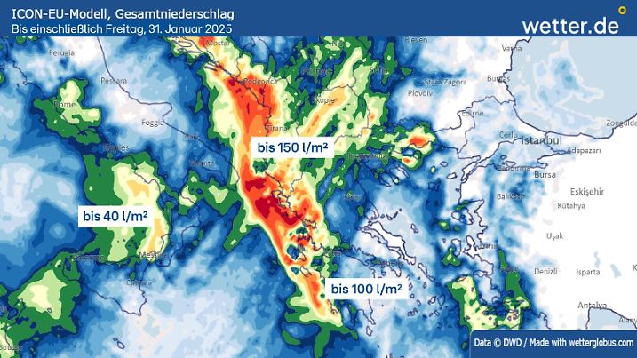 Niederschlagsmengen Balkan, Süditalien und Griechenland bis einschließlich Freitag.