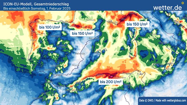 Niederschlagsmengen am westlichen Mittelmeer bis einschließlich Samstag.