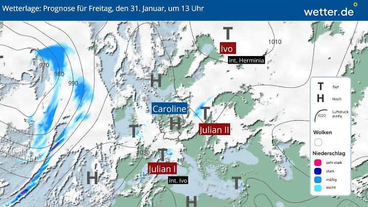 Die Wetter am Freitag, 31.Januar, 13 Uhr, über Europa