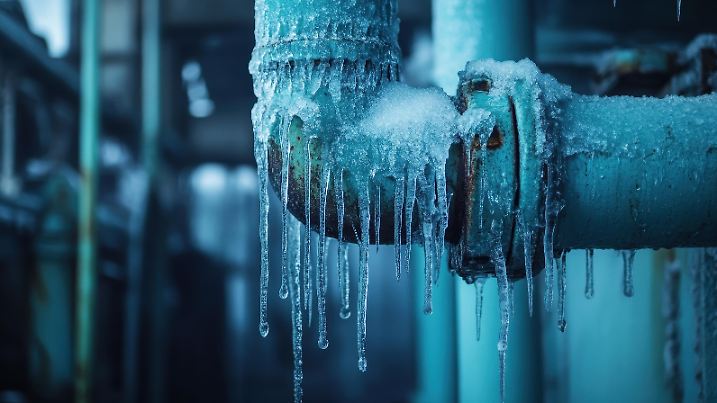 Frozen pipe with icicles hanging down, showing severe frost damage. Illustrates the dangers of freezing temperatures and burst pipes in winter.