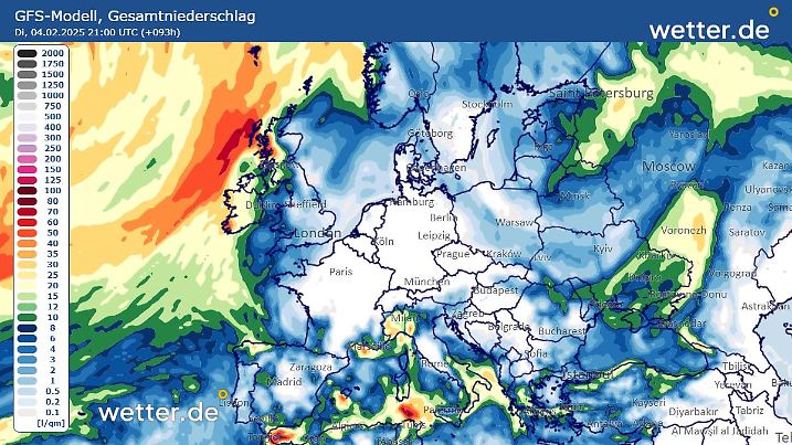 Die Grafik zeigt die Niederschläge bis Dienstagabend über Europa