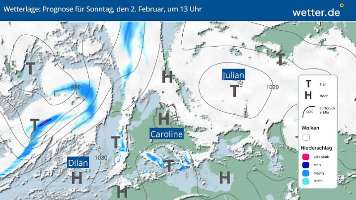 Die Wetterlage am Sonntag, 02.02.2025, 13 Uhr über Europa