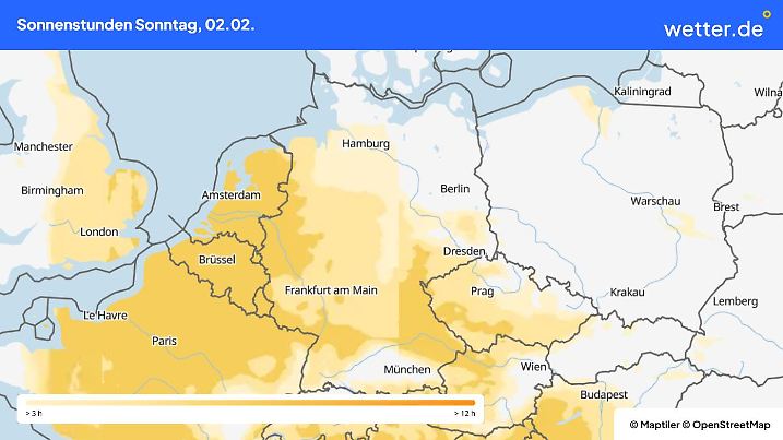 Die Karte zeigt die Sonnenscheindauer in Deutschland am 02. Februar