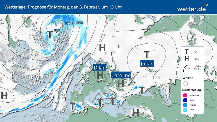 Auch die Woche startet winterlich und sonnig. Bis Mittwoch bleibt nämlich Caroline über uns liegen.