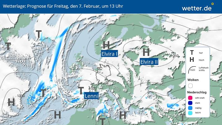 Die Wetterlage am Freitag, 07.02.2025 um 13 Uhr über Europa