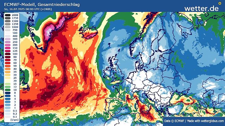 Die Niederschläge insgesamt bis zum 15.02.2025 über Deutschland und Europa