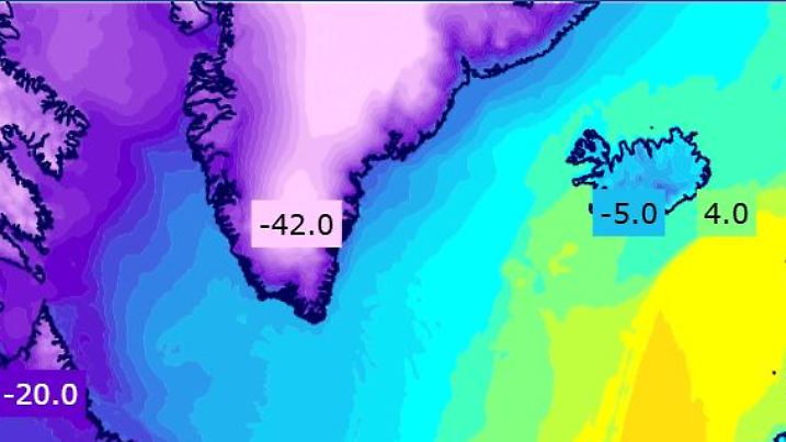 Die Grafik zeigt die Temperaturverteilung von Nordamerika über den Nordatlantlik bis nach Europa am Freitagmorgen