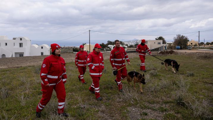 Red Cross rescuers with rescue dogs map the area, as the increased seismic activity continues on the island of Santorini, Greece, February 8, 2025. REUTERS/Stelios Misinas