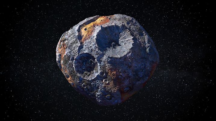 16 Psyche the large metallic asteroid ideal for space mining. NASA imagery was used for this composite from  https://solarsystem.nasa.gov/asteroids-comets-and-meteors/asteroids/16-psyche/in-depth/