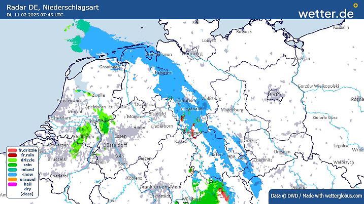Die Grafik zeigt das Niederschlagsartradar am Dienstag, 11.02. und 07:55 Uhr