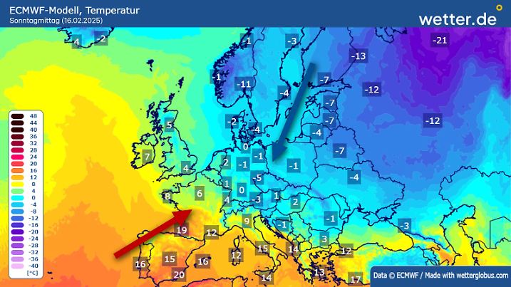 Temperaturen in Europa Sonntagmittag, 16. Februar 2025. Im Südwesten gibt es bis zu 20 Grad, von Nordosten breitet sich aber Dauerfrost aus.