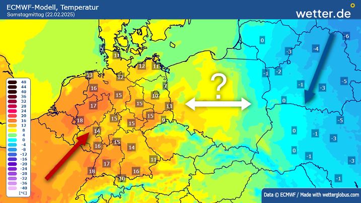 Kommt am nächsten Wochenende der Frühling? Das Europäische Wettermodell sagt ja. Die Frostluft wäre im Osten aber nur ein Land entfernt. Andere Modelle sehen sie weiterhin bei uns.
