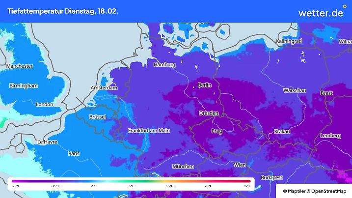 Tiefsttemperaturen am Mittwoch, 9. Februar, in Deutschland