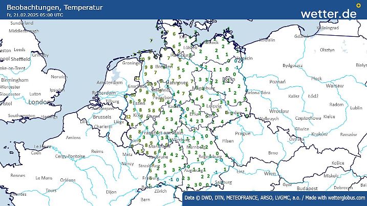 Die Temperaturen am Freitag, 21.02.2025, um 6 Uhr