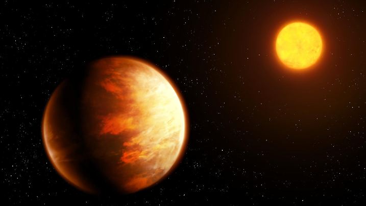 Planet with hot atmosphere with a star. Exoplanet in orbit close to the sun. Super-Earth near the star.