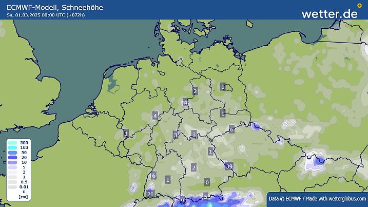Nacht zu Samstag: Das Europäische Wettermodell lässt selbst in den Niederungen durch Schauer einzelne angezuckerte Regionen zu. Sonst liegen dann nur in den höheren Lagen ein paar Zentimeter.