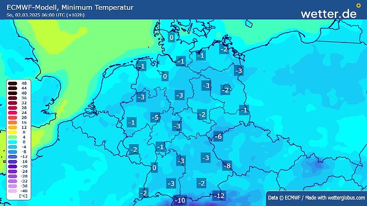 Tiefstwerte Sonntagmorgen: Am Wochenende wird es verbreitet frostig und damit häufig glatt.